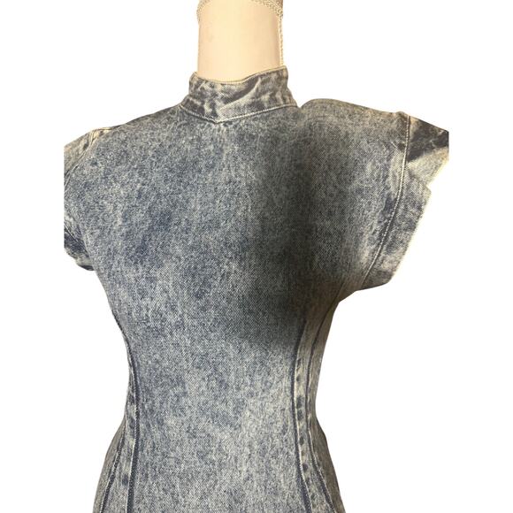 Vintage Paris Blues 90s Stonewashed Mock Neck Bodycon Backless Midi Dress - Picture 3 of 12